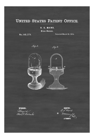 1874 Dice Box Patent - Patent Print, Game Room Decor, Game Night, Board Game Patent, Game Room Art, Vintage Games, Game Patent, Dice Game Art Prints mypatentprints 