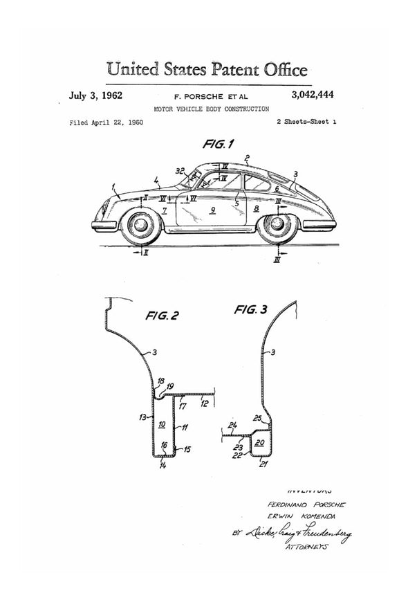 1962 Porsche Patent - Patent Print, Wall Decor, Automobile Decor, Vintage Automobile Art, Classic Car, Vintage Porsche