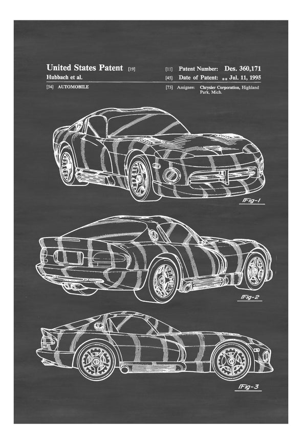 1996 Dodge Viper Patent - Patent Print, Wall Decor, Automobile Decor, Automobile Art, Classic Car, Viper Patent, Dodge Viper SRT