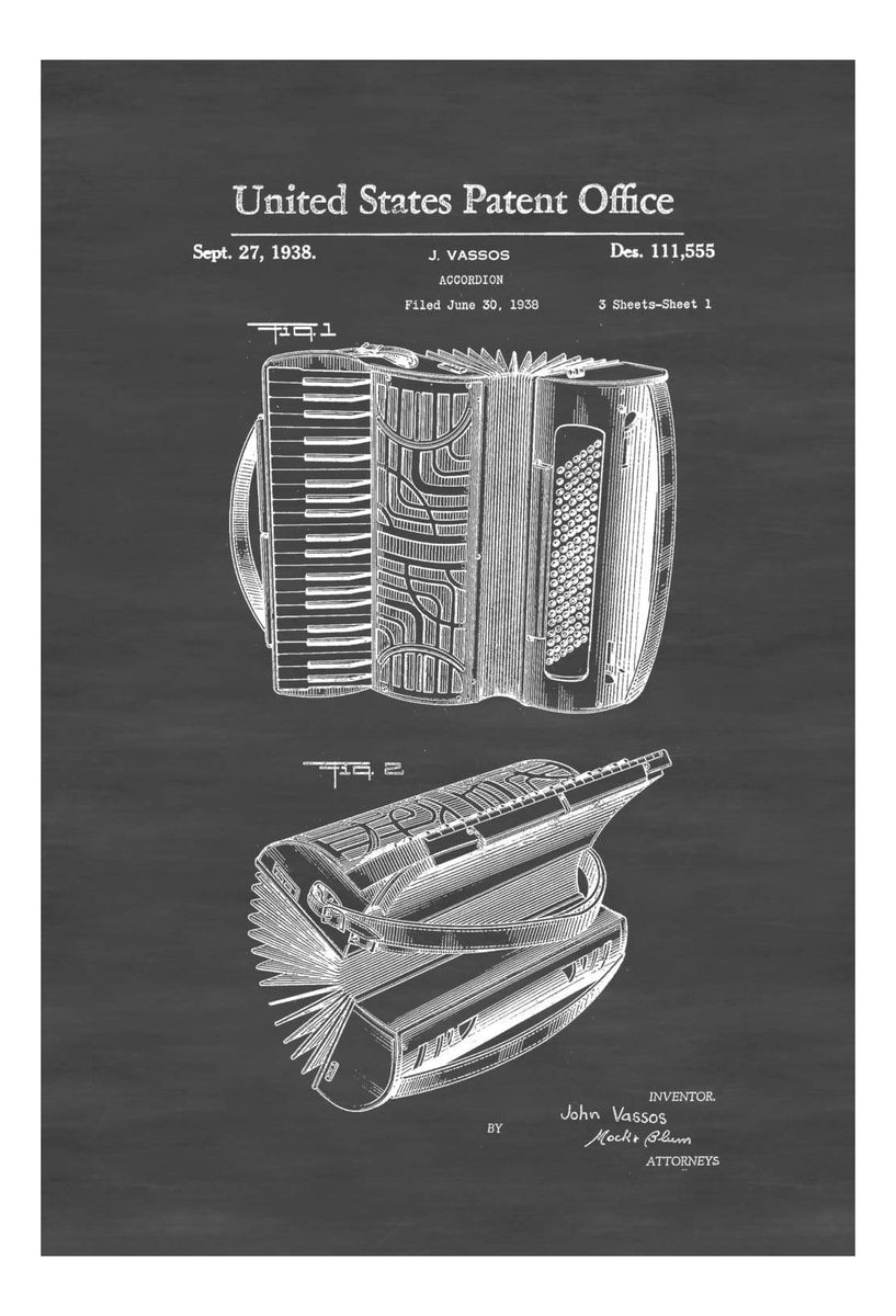 Accordion Patent 1938 - Patent Print, Wall Decor, Music Poster