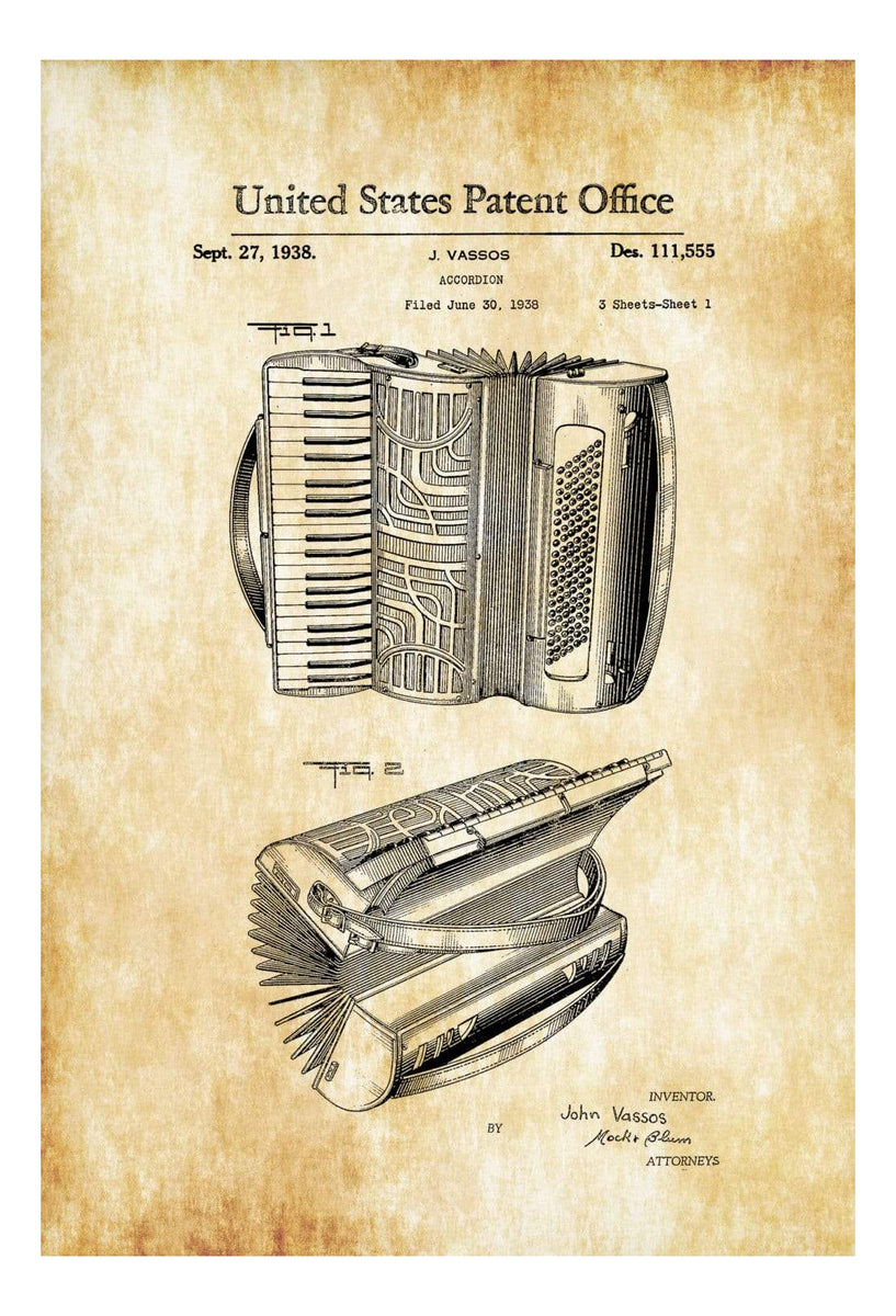Accordion Patent 1938 - Patent Print, Wall Decor, Music Poster