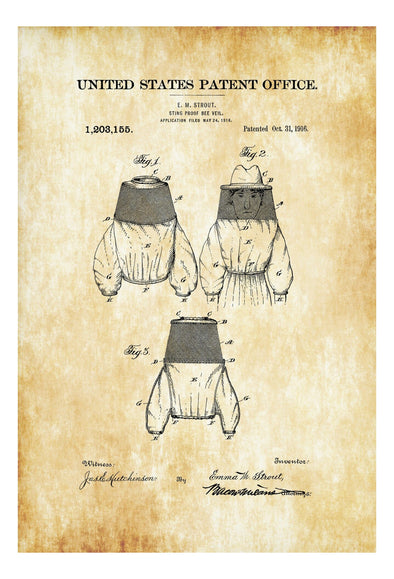 Bee Keeper Veil Patent Print 1916 - Wall Decor, Bee Keeper, Honey Bee, Bee Keeper Hat, Farmhouse Decor, Bee Keeper Patent, Bee Keeper Gift Art Prints mypatentprints 10X15 Parchment 
