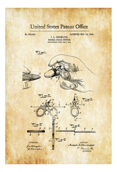 Cigar Cutter Patent 1906 - Tobacco Patent, Cigar Lounge Sign, Cuban Cigar, Cigar Art, Cigar Decor, Man Cave, Cigar Cutter