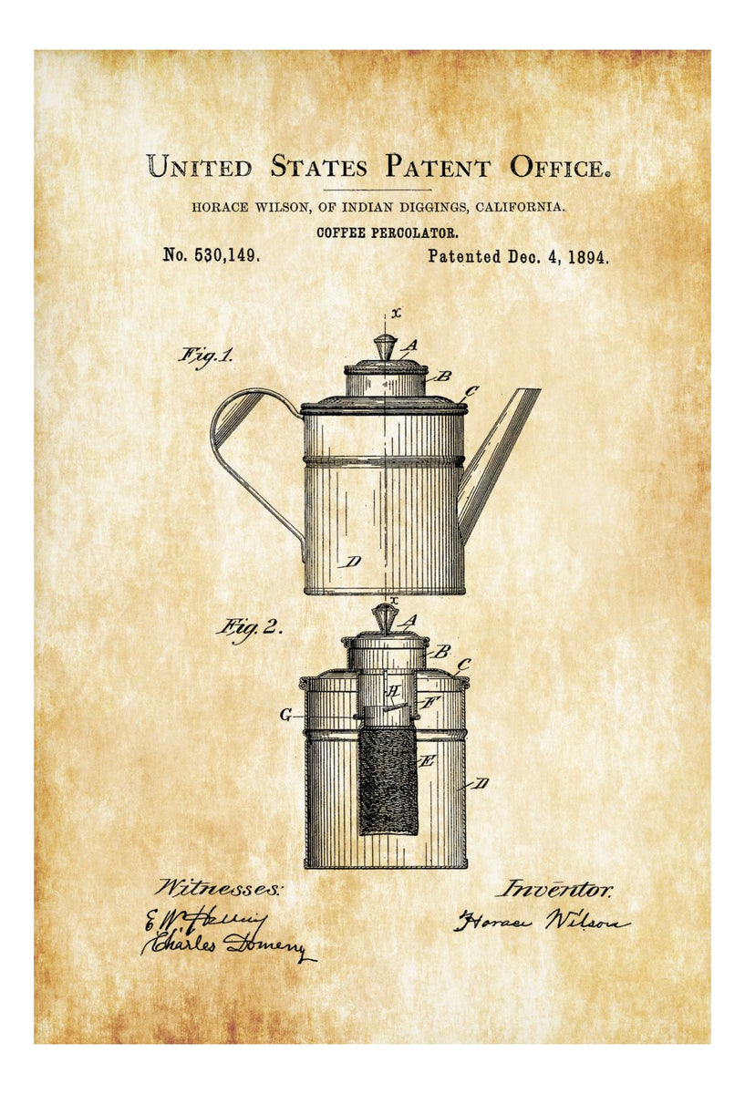 Vintage Parchment Coffee 2 Part Percolator 1894 Patent Poster Wall Art,  Canvas Prints, Framed Prints, Wall Peels