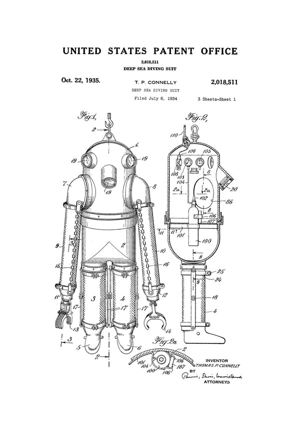 Deep Sea Diving Suit Patent - Patent Print, Wall Decor, Diver Gift, Scuba Gift, Scuba Diver, Deep Sea Diver, Nautical Decor