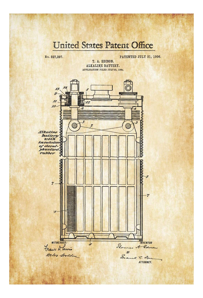 Edison Alkaline Battery Patent 1906 Edison Patent, Edison Invention, mypatentprints