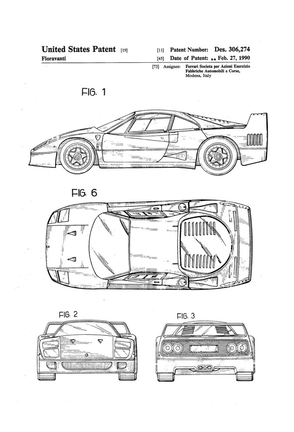 Ferrari F40 Patent - Patent Print, Wall Decor, Automobile Decor, Automobile Art, Classic Car, Ferrari Patent