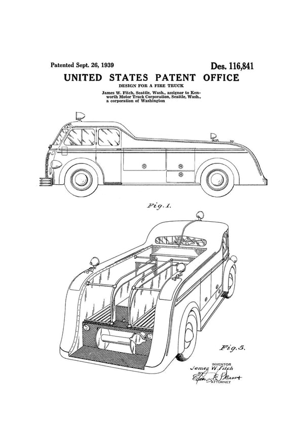 Fire Truck Patent 1939 - Patent Prints, Wall Decor, Fireman Gift, Firehouse Decor, Firefighter, Fireman, Fire Engine