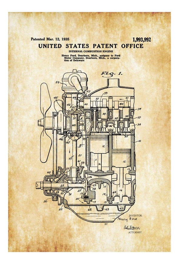 Ford Internal Combustion Engine Patent 1935 - Patent Print, Wall Decor, Engine Blueprint, Ford Patent, Automobile Decor, Automobile Art Art Prints mypatentprints 