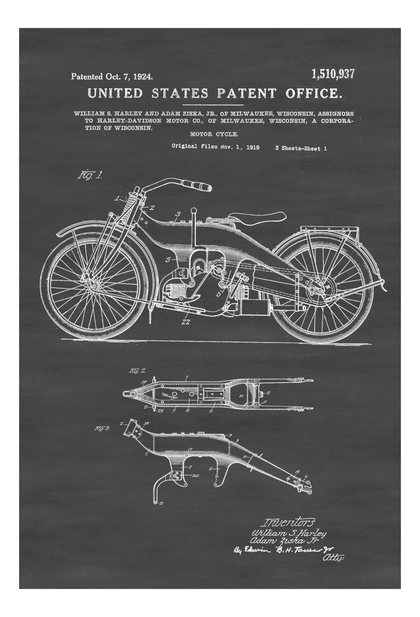 Harley Motorcycle Patent - Patent Print, Wall Decor
