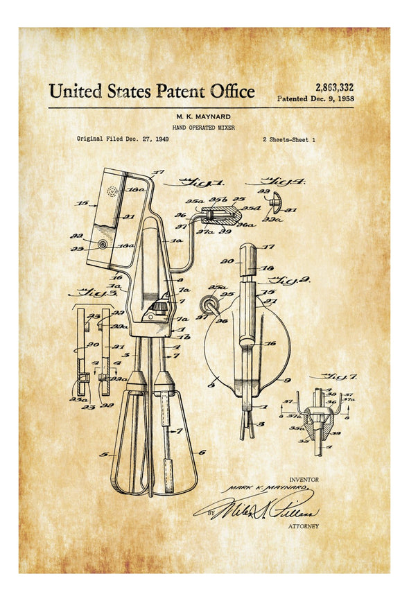 Kitchen Hand Mixer Patent - Kitchen Decor, Restaurant Decor, Bar Decor, Patent Print, Wall Decor, Mixer Patent, Hand Mixer