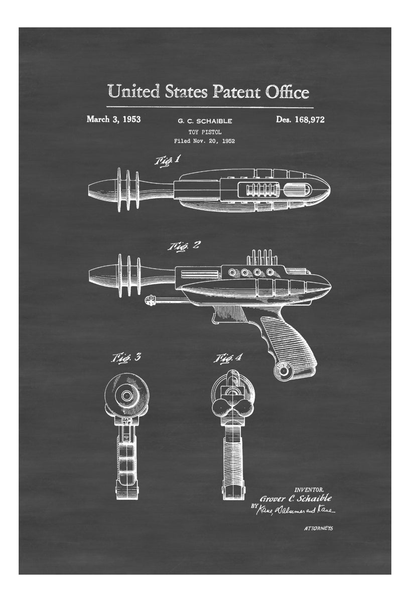 Shane Bowden 直筆サイン原画「Glitter Gun」 Laser Gun Toy Patent 1953 - Patent Print, Retro Toys
