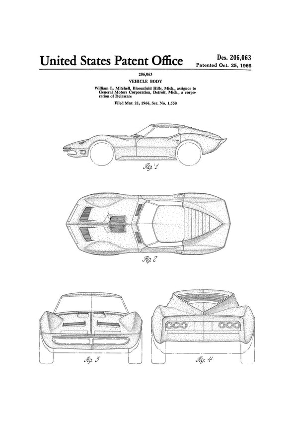 Mako Shark Corvette Patent 1966 - Patent Print, Automobile Decor, Vintage Automobile Art, Classic Car, Vintage Corvette, Chevrolet Patent