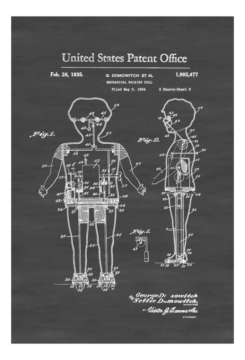 Mechanical Walking Doll Patent Poster - Patent Print, Wall Mechanical Walking Doll Patent Poster - Patent Print, Wall
