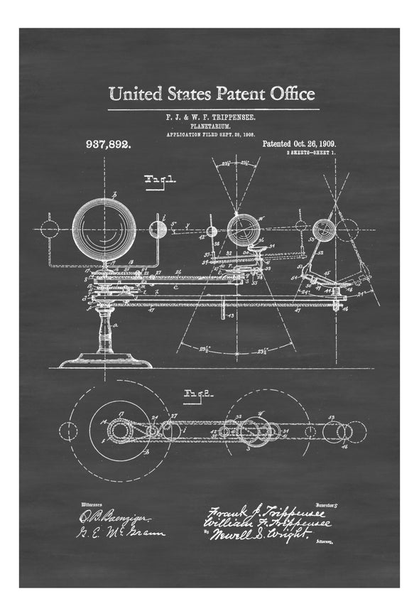 Planetarium Patent 1909 - Patent Print, Wall Decor, Outer Space, Planets, Stars, Astronomy, Solar System