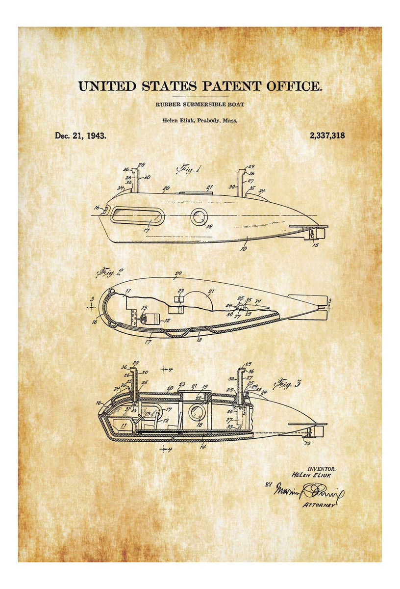 Rubber Submarine Patent Print - Vintage Submarine, Submarine Blueprint ...