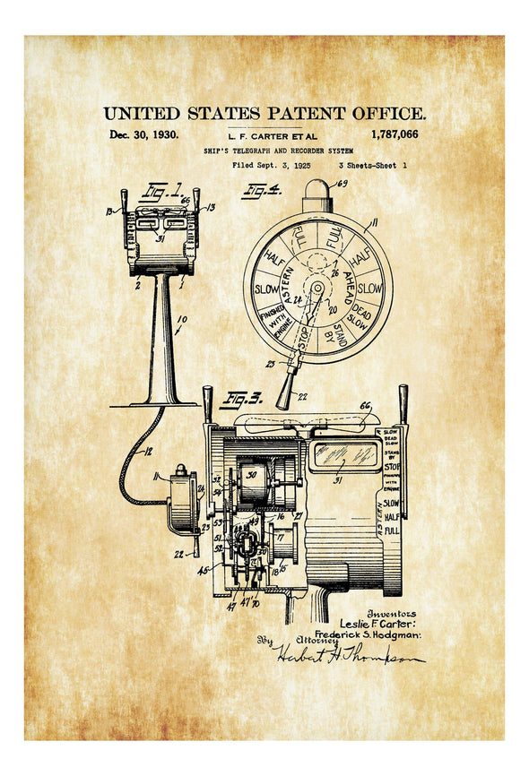 Ship Telegraph Patent 1930 - Vintage Nautical, Naval Art, Ship Wheel, Sailing Decor, Nautical Decor, Beach House Decor, Boating Decor Art Prints mypatentprints 10X15 Parchment 