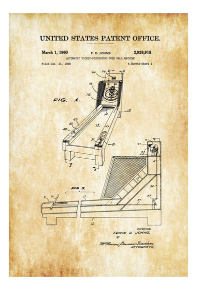 Skee Ball Machine Patent 1960 - Patent Print, Game Room Decor, Play Room Art, Arcade Games, Vintage Games, Retro Games, Skee Ball Patent