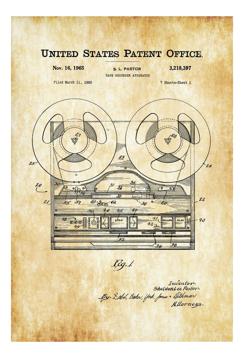 Tape Recorder Patent Print 1965 - Patent Poster, Wall Decor, Music