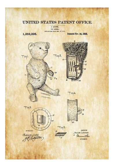 Teddy Bear Patent Poster 1920 - Patent Print, Wall Decor, Vintage Teddy Bear, Teddy Bear Print, Antique Toys, Kids Room Wall Art