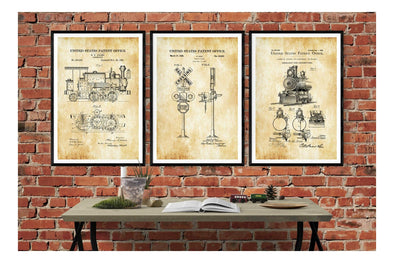 Train Railroad Patent Collection of 3 Patent Prints - Railroad Poster, Railroad Decor, Locomotive Decor, Train Locomotive Patents Art Prints mypatentprints 10X15 Parchment 