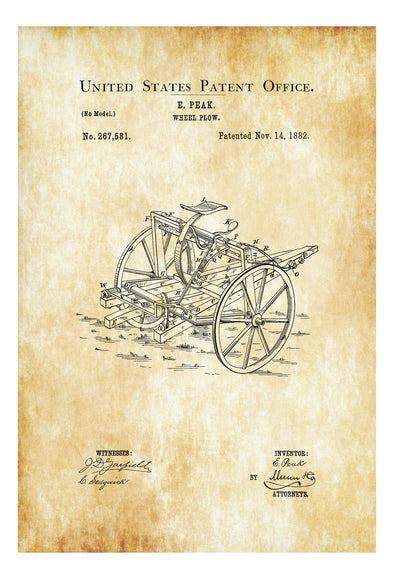 Wheel Plow Patent 1882 - Patent Print, Decor, Home Decor, Patent Print, Plow Patent, Plow Blueprint, Garden Decor, Farming Decor Art Prints mypatentprints 10X15 Parchment 