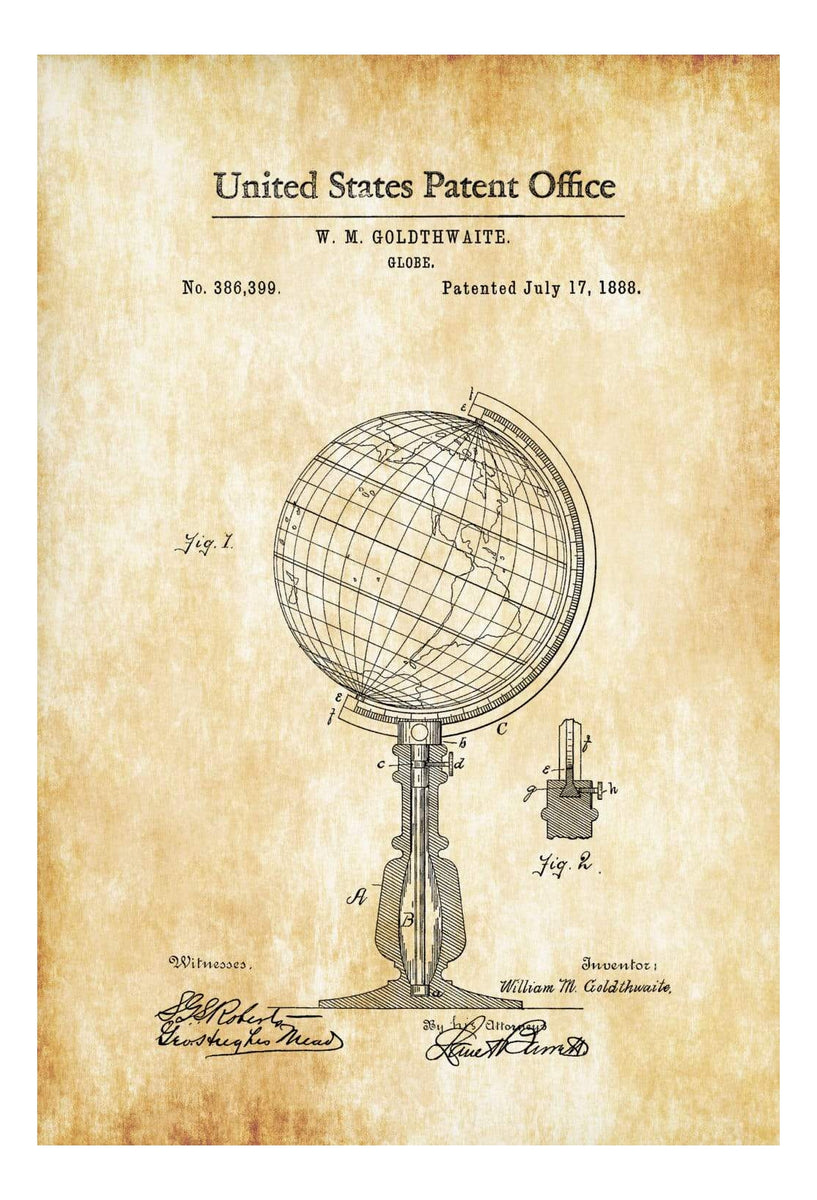 World Globe Patent 1888 - Patent Print, Vintage Wall Art, Living