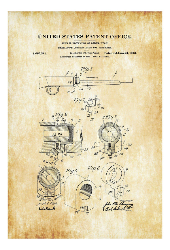 Browning 1913 Firearm Patent - Patent Print, Wall Decor, Gun Art, Firearm Art, Gun Patent, Shotgun Patent, Browning Patent mws_apo_generated mypatentprints Parchment #MWS Options 4174768792 