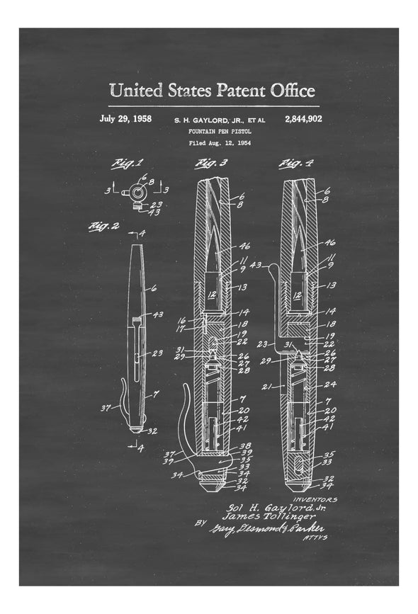 Fountain Pen Pistol Patent - Patent Print, Wall Decor, Gun Art, Firearm Art, Spy Patent, Pistol Patent, Spy Gear, Secret Agent mws_apo_generated mypatentprints 