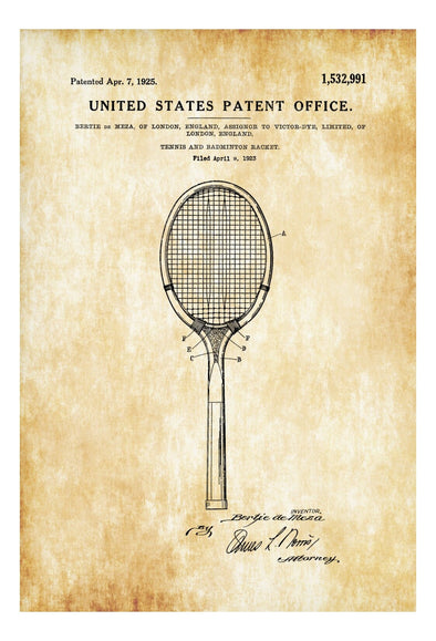 Tennis and Badminton Racket Patent - Patent Print, Wall Decor, Tennis Art, Tennis Patent, Tennis Gift, Tennis Racket Blueprint mws_apo_generated mypatentprints Parchment #MWS Options 4154059233 