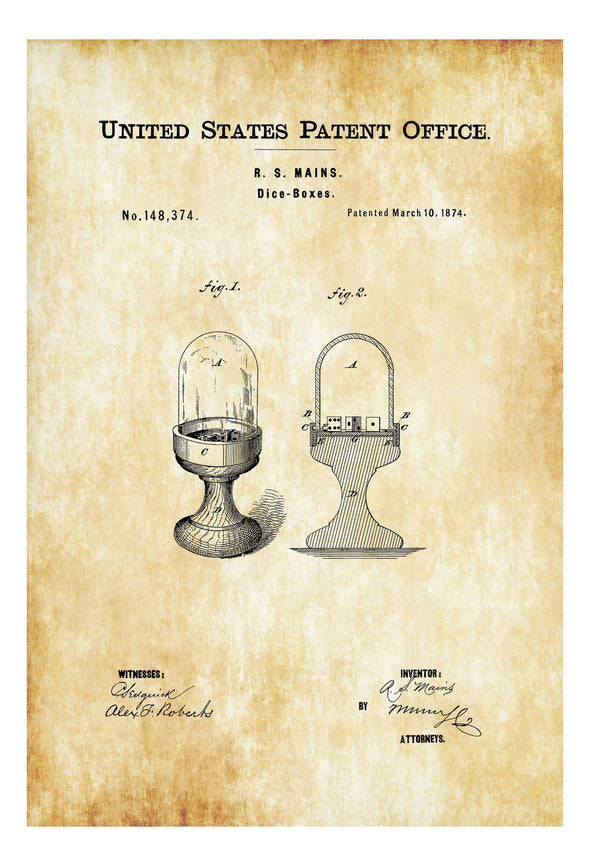 1874 Dice Box Patent - Patent Print, Game Room Decor, Game Night, Board Game Patent, Game Room Art, Vintage Games, Game Patent, Dice Game Art Prints mypatentprints 10X15 Parchment 