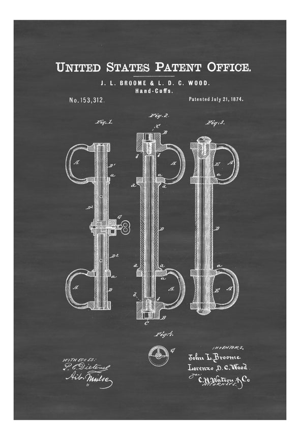 1874 Handcuffs Patent Print - Wall Decor, Bizarre Art, Bizarre Decor, Restraint Patent, Law Enforcement Gift, Police Gift, Prison Art