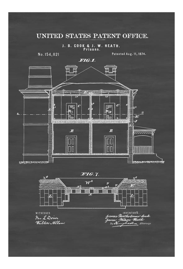 1874 Prison Patent Print - Wall Decor, Bizarre Art, Law Enforcement Gift, Prison Guard Gift, Prison Art, Prison Cell Patent, Old Prison Plan