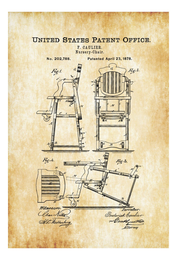 1878 Baby High Chair Patent - Baby Room Decor, Patent Print, Vintage High Chair, Baby Shower Gift, Nursery Chair, Chair Patent