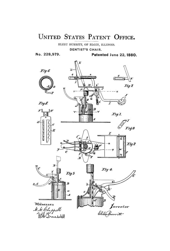 1880 Dentist Chair Patent - Patent Print, Wall Decor, Dentist Office Decor, Medical Art, Dental Art