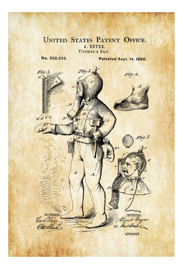 1880 Firemen&#39;s Suit Patent Print - Fireman Gift, Firefighter, Patent Print, Wall Decor, Patent Decor,  Firehouse Decor, Fireman