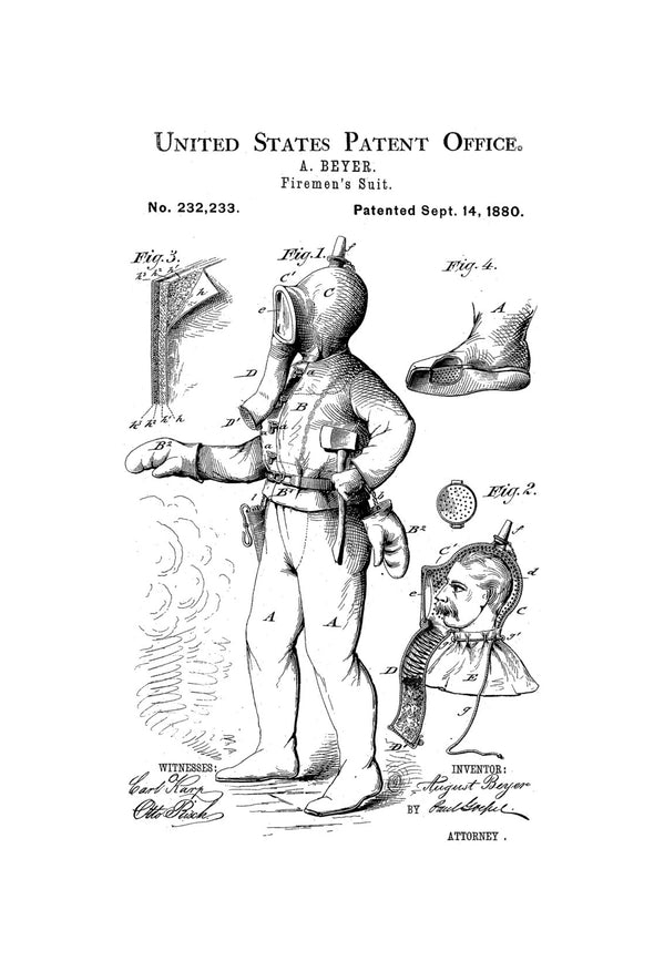 1880 Firemen&#39;s Suit Patent Print - Fireman Gift, Firefighter, Patent Print, Wall Decor, Patent Decor,  Firehouse Decor, Fireman