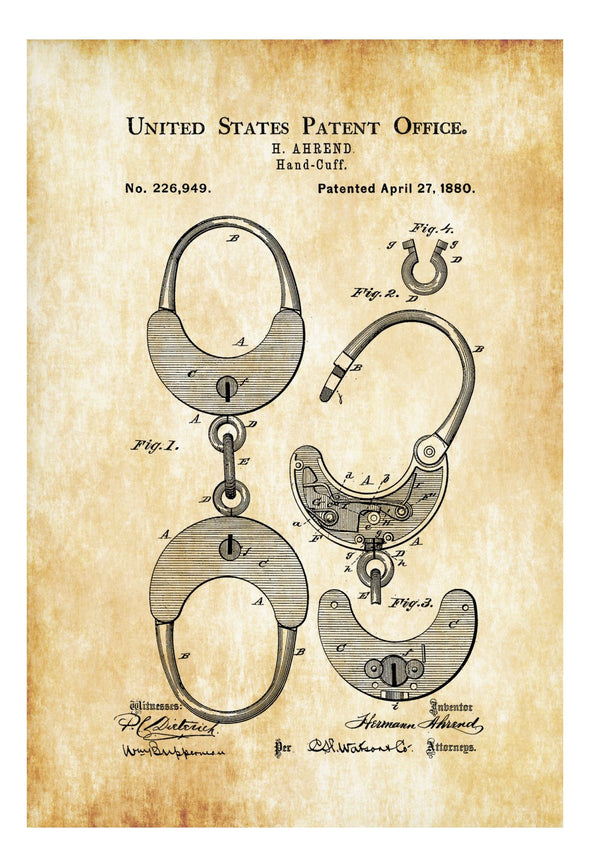 1880 Handcuff Patent - Patent Print, Wall Decor, Bizarre Art, Bizarre Decor, Medical Equipment, Restraint Patent, Law Enforcement Gift