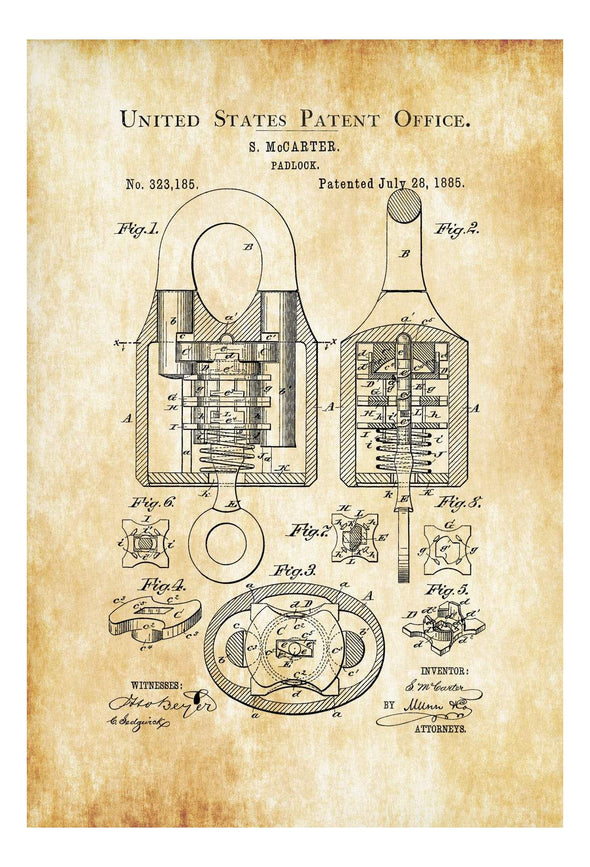 1885 Padlock Patent - Vintage Padlock, Wall Decor, Bizarre Art, Bizarre Decor, Vintage Tools, Antique Lock, Old Padlock, Patent Print