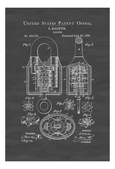 1885 Padlock Patent - Vintage Padlock, Wall Decor, Bizarre Art, Bizarre Decor, Vintage Tools, Antique Lock, Old Padlock, Patent Print
