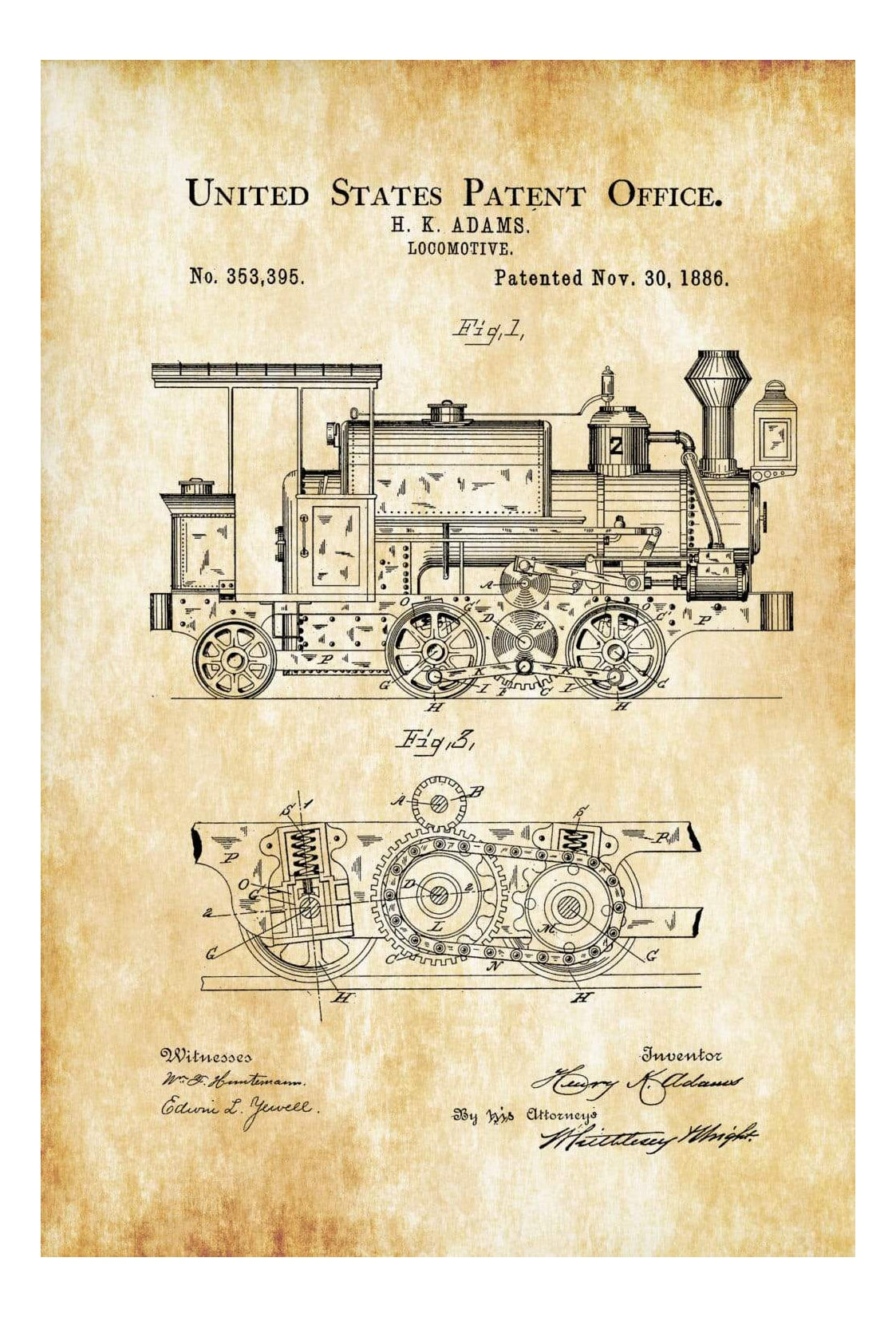 1886 Locomotive Patent - Vintage Locomotive , Locomotive Blueprint