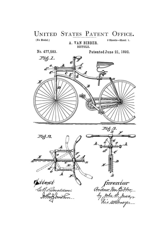 1892 Bicycle Patent - Cyclist Gift, Bicycle Decor, Vintage Bicycle, Bicycle Blueprint, Bicycle Art, Bicycling Enthusiasts, Bike Patent Art Prints mypatentprints 