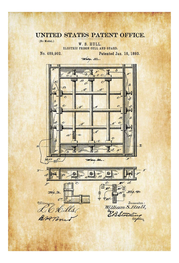 1893 Prison Cell and Guard Patent Print - Wall Decor, Bizarre Art, Law Enforcement Gift, Prison Guard Gift, Prison Art, Prison Cell Patent