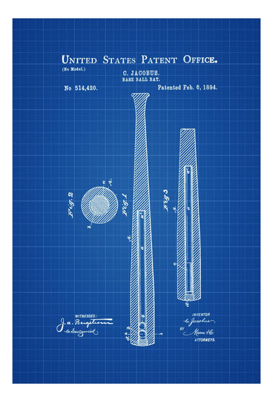 1894 Baseball Bat Patent - Patent Print, Wall Decor, Baseball Art, Bat Patent, Baseball Fan Gift, Baseball Bat Blueprint mws_apo_generated mypatentprints Blueprint #MWS Options 2046272892 
