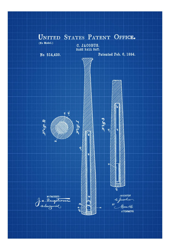 1894 Baseball Bat Patent - Patent Print, Wall Decor, Baseball Art, Bat Patent, Baseball Fan Gift, Baseball Bat Blueprint mws_apo_generated mypatentprints Blueprint #MWS Options 2006952513 