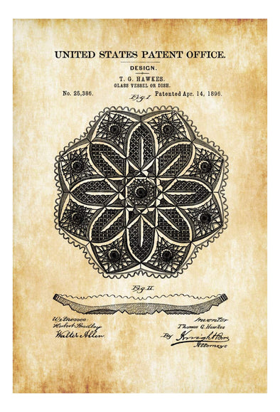 1896 Hawkes Glass Dish Design Patent - Patent Print, Dining Room Decor, Antique Dishes, Vintage Dishes, Kitchen Decor, Restaurant Decor
