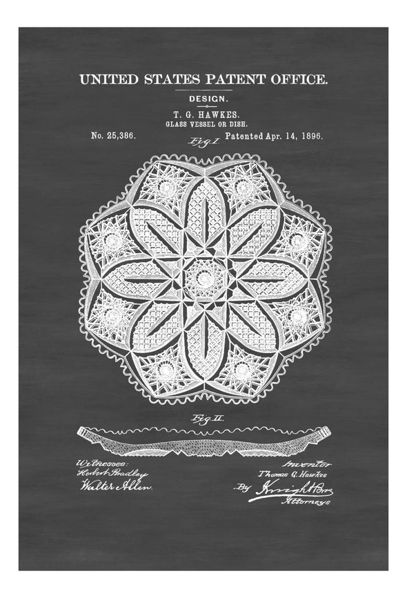 1896 Hawkes Glass Dish Design Patent - Patent Print, Dining Room Decor, Antique Dishes, Vintage Dishes, Kitchen Decor, Restaurant Decor