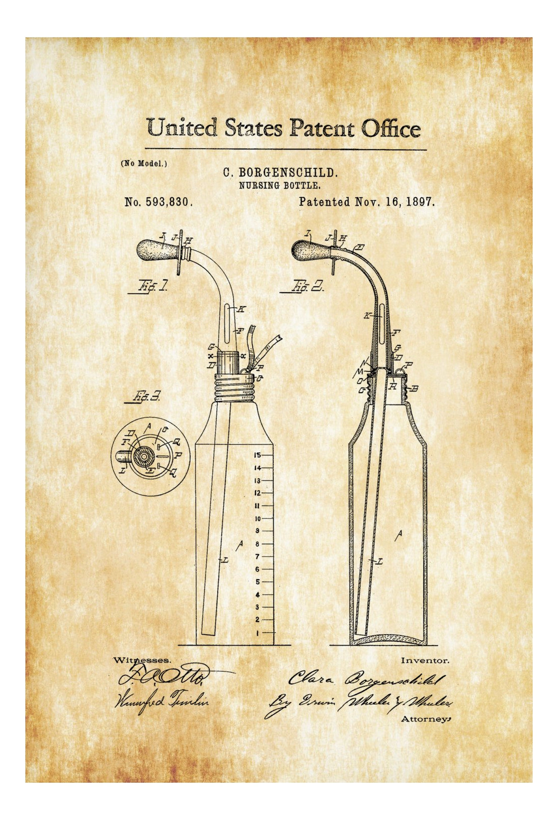 1897 Baby Bottle Patent Baby Room Decor, Patent Print, Vintage
