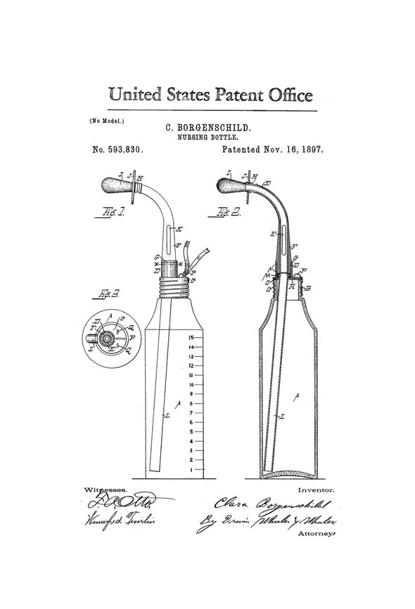 1897 Baby Bottle Patent - Baby Room Decor, Patent Print, Vintage Pacifier, Baby Shower Gift, Nursing Bottle