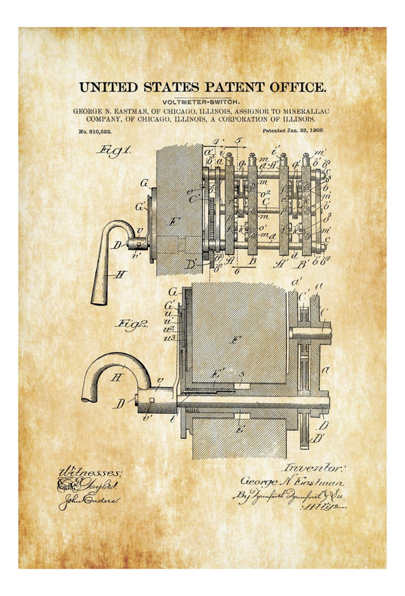 1906 Voltmeter Switch Patent - Patent Print, Vintage Switch, Wall Decor, Steampunk Decor, Vintage Print, Voltmeter Poster, Electricity Art Prints mypatentprints 5X7 Blueprint 